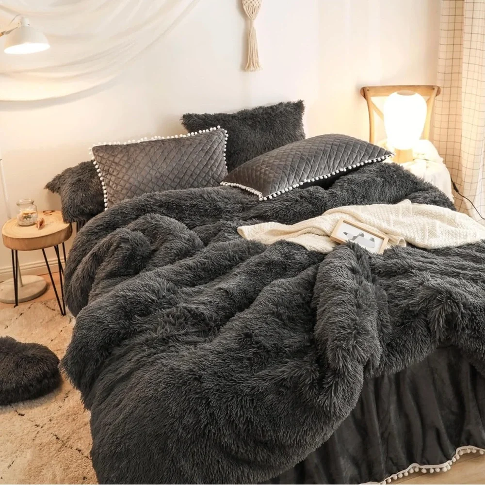 🎀DARK Gray Velvet Faux Fur Duvet Cover Zipper New🎀